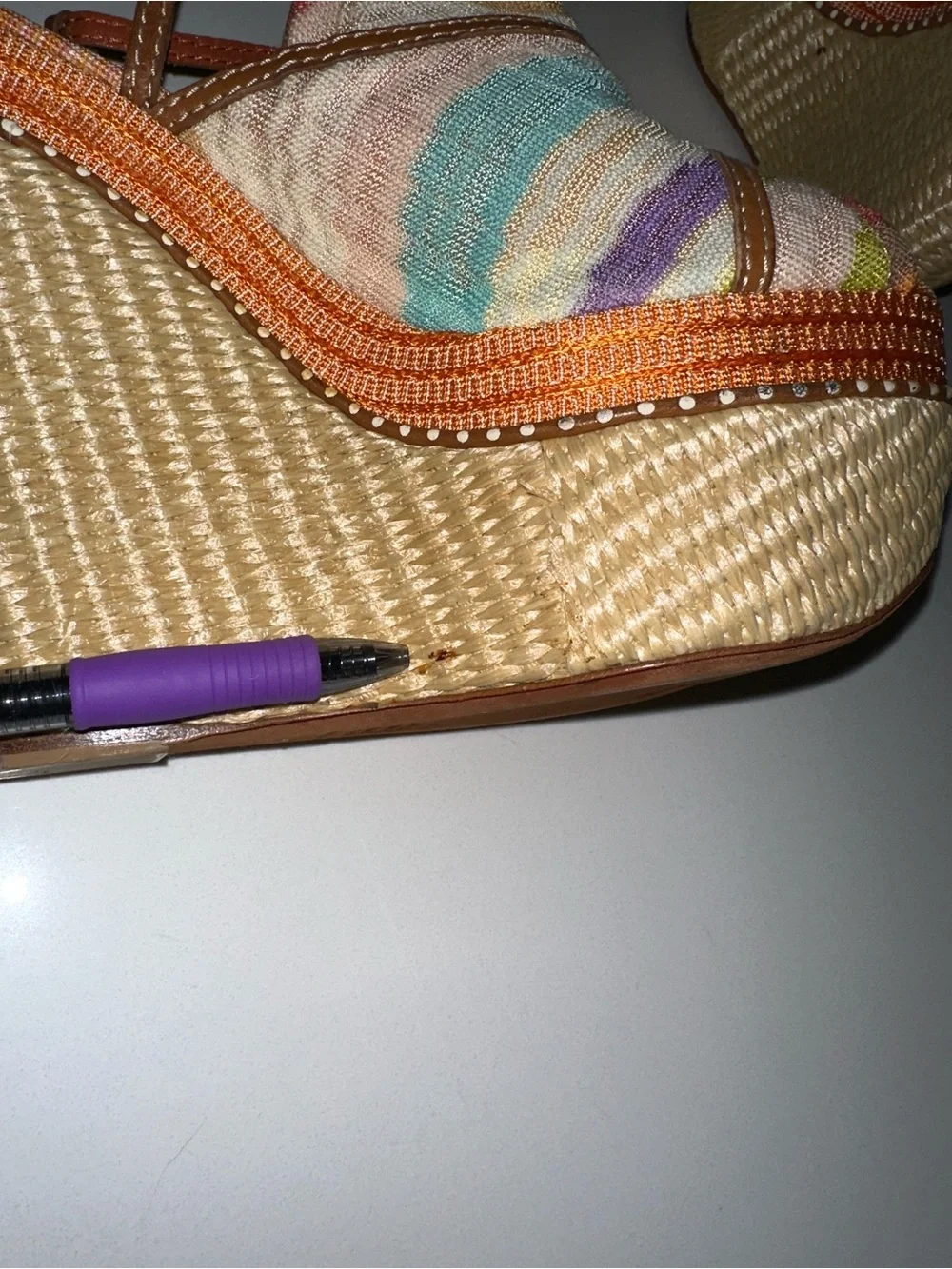 MISSONI 70s style 6” striped fabric leather raffia platform wedge boho sandals